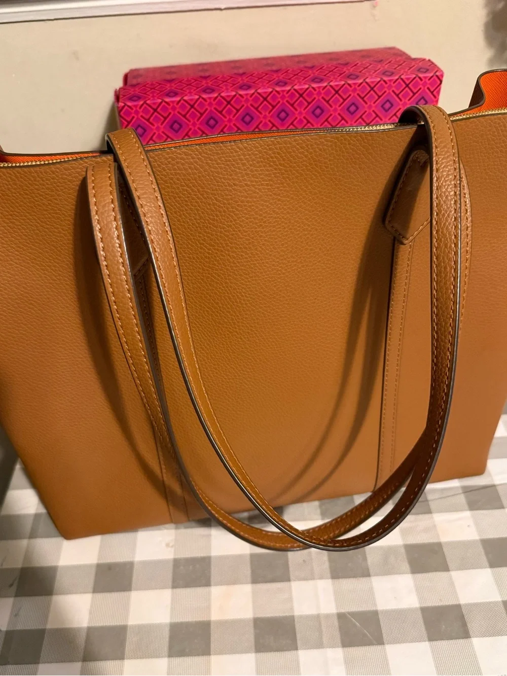 Tory Burch Perry Tote Bag in Cognac with Orange Interior